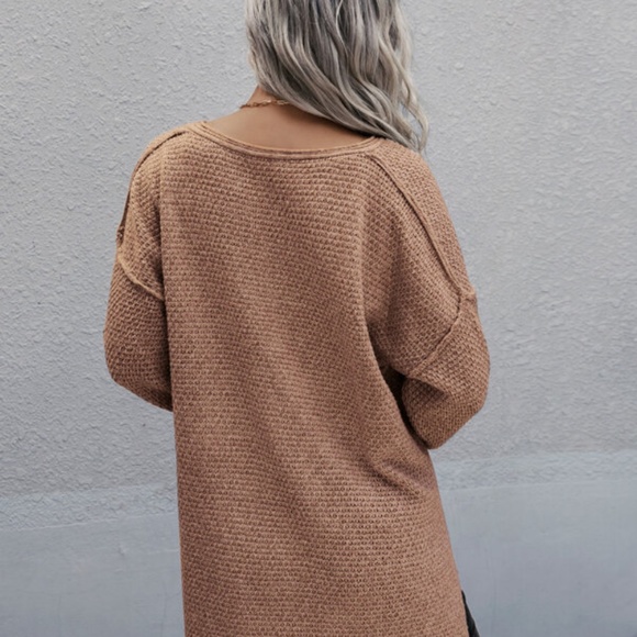 Camel V neck Oversized Knit Sweater Top Minimalist - Picture 3 of 5